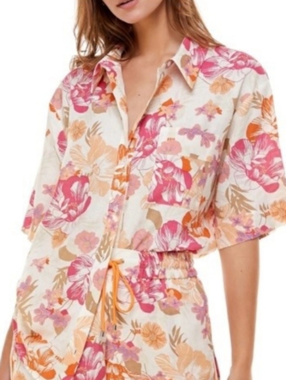Womens PASSION TROPICAL LINEN BLEND Button Up Blouse Top SIZE Xlarge Tan Orange
